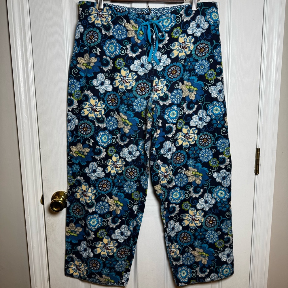 Vera Bradley Blue Floral Drawstring Lounge Pants Size Large Beachy Coastal
